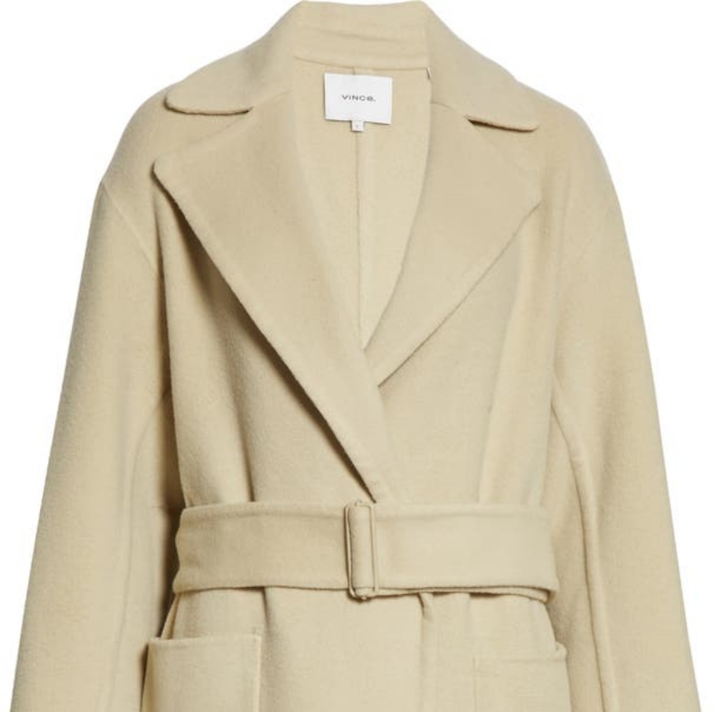NWT Vince Patch Pocket Belted Wool Blend Coat in Sepia